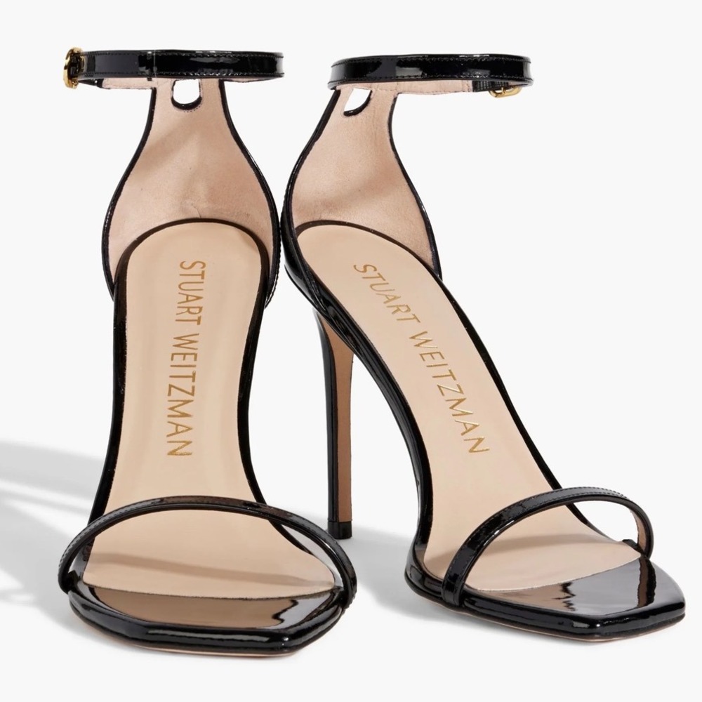 Stuart Weitzman Nudist Black Patent Leather Stiletto Ankle Strap Sandals 9.5M